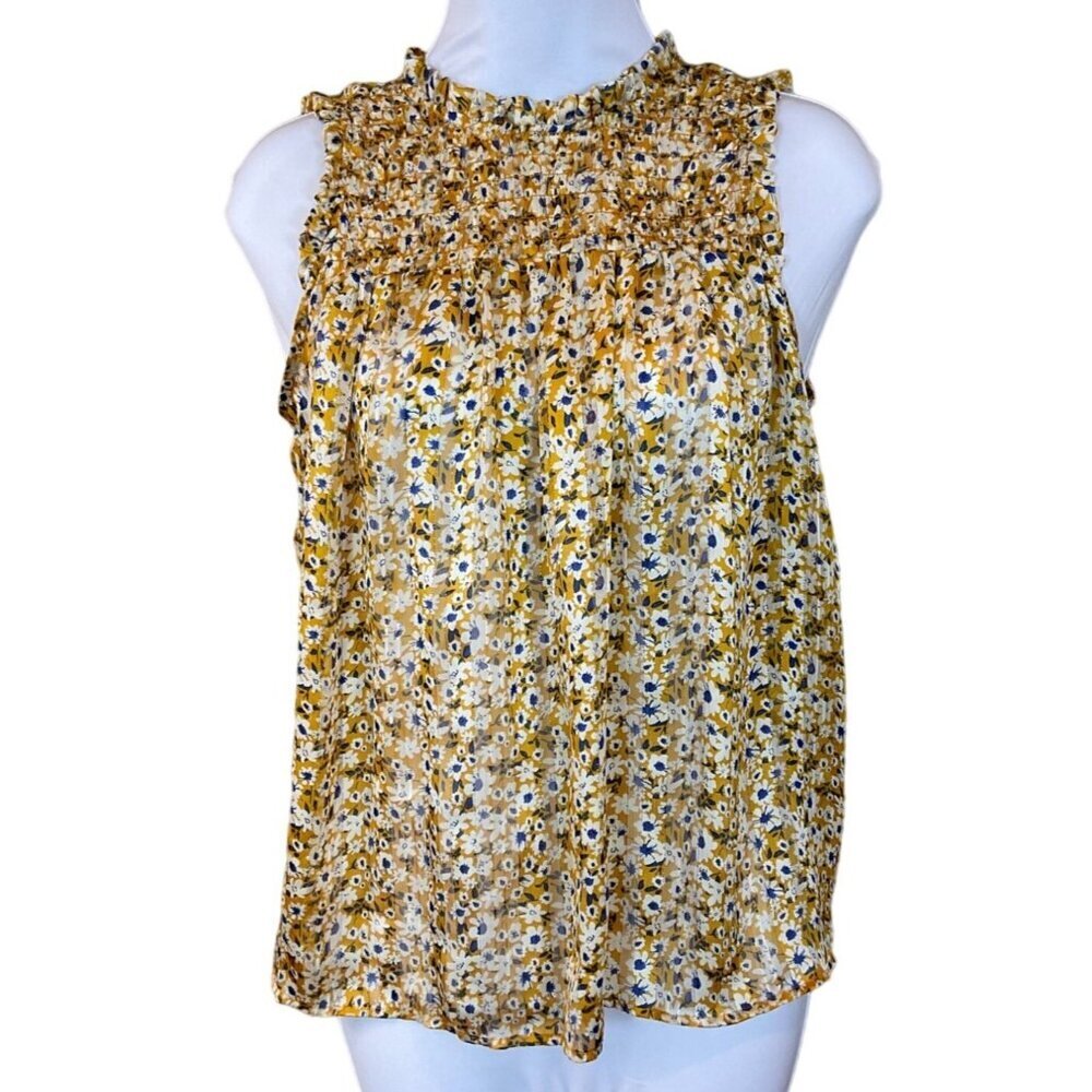 Rachel Rachel Roy XS Yellow Blue Floral Sleeveless Smocked Top Metallic Thread